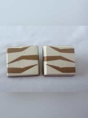 Square Decorative Signed Artisan Post Earrings in Cream and Brown